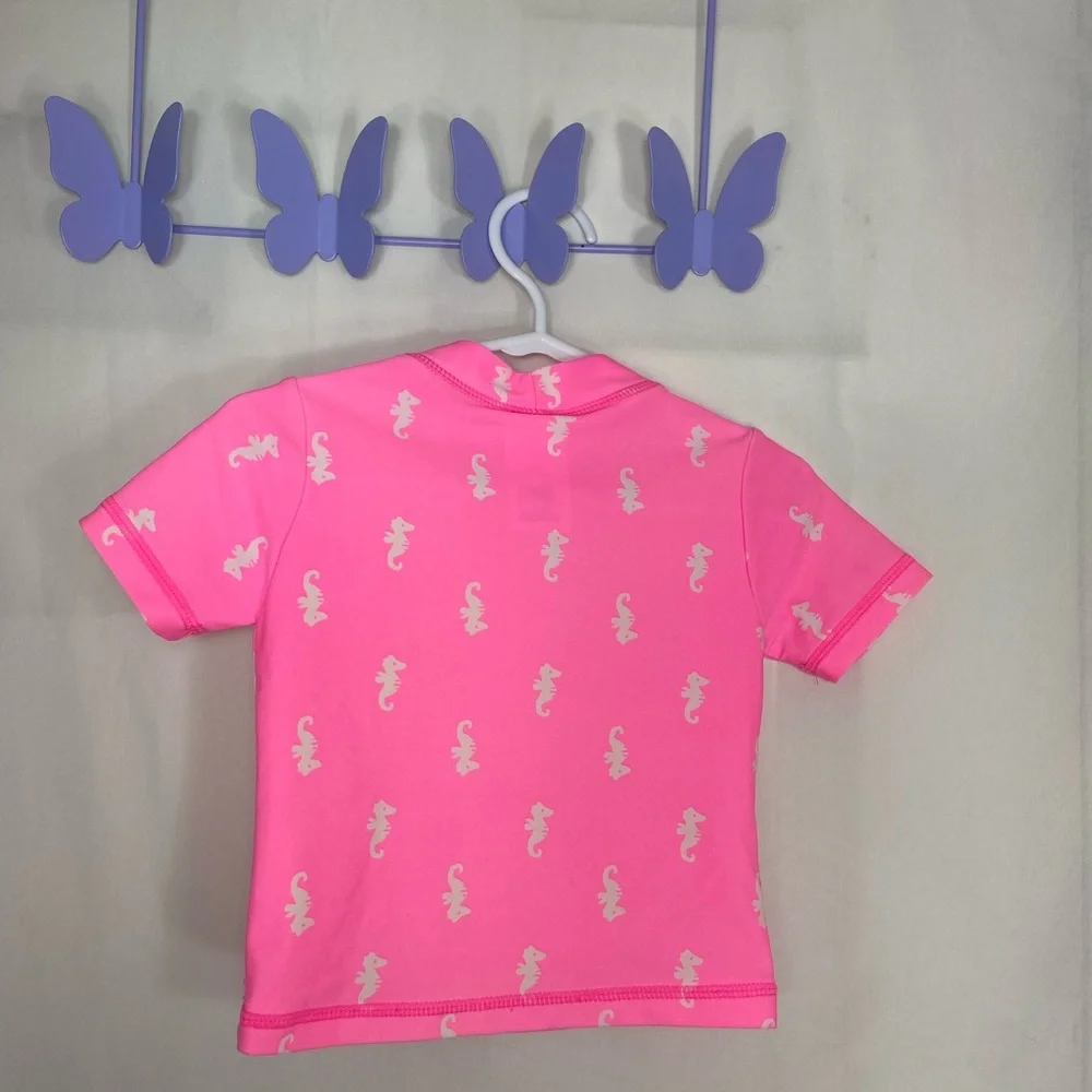 Carter’s baby girl’s neon pink seahorse print swimsuit beach pool top shirt 18mo